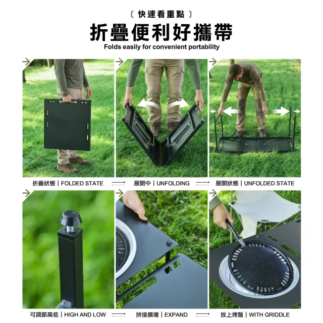 【ONE HOUSE】140寬 洛克工業風露營折疊桌 升級氣動桌_烤爐款/豪華9件(露營/便攜桌/燈架/氣動桌/烤肉桌)