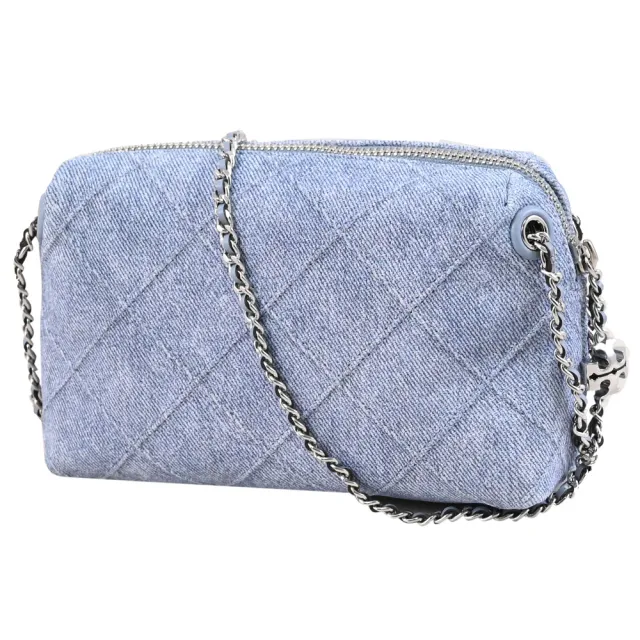 【TORY BURCH】Fleming 雙T LOGO吊飾菱格丹寧布鏈包斜背包(藍)