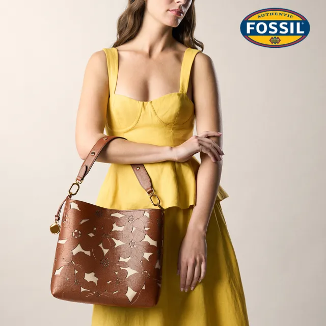 【FOSSIL】Jessie 真皮花卉滿版水桶包-咖啡色 ZB11197124