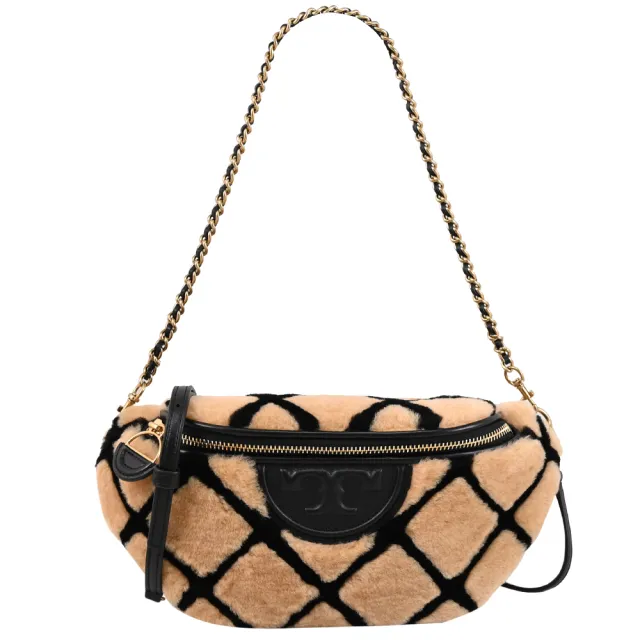 【TORY BURCH】Fleming 經典雙T羊毛拼接雙背帶三用肩斜背包腰包(棕)