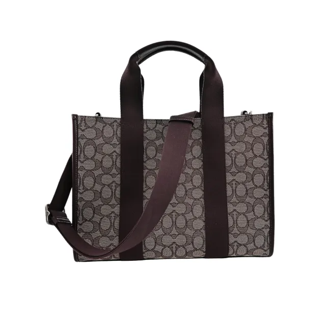【COACH】SMITH LOGO字織帶手提/斜背立體托特方包(紅楓木色/紅橡木色/C LOGO緹花布/拼接皮革/大款)