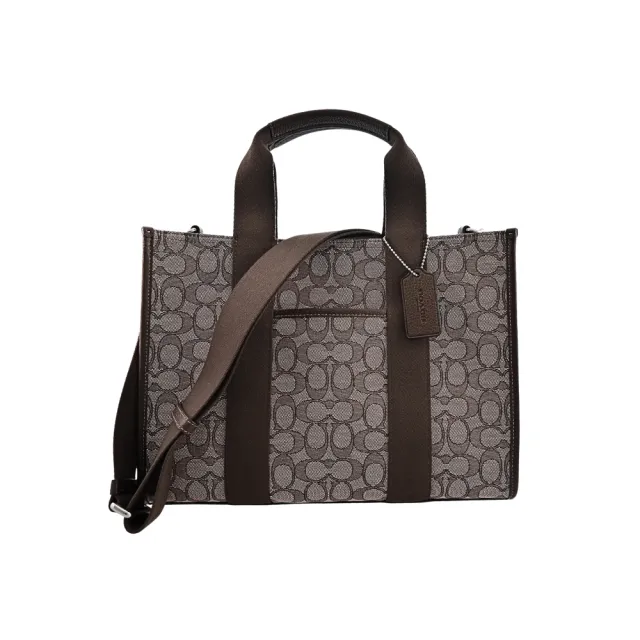 【COACH】SMITH LOGO字織帶手提/斜背立體托特方包(紅楓木色/紅橡木色/C LOGO緹花布/拼接皮革/大款)