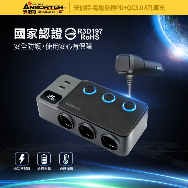 【ANBORTEH 安伯特】電壓監控PD+QC3.0 8孔車充-快(國家認證 一年保固) 12-24皆可使用