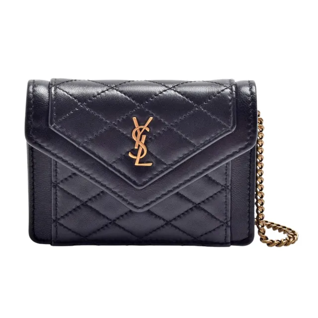【YSL】經典Gaby Mini系列仿舊品牌LOGO小羊皮斜背零錢包(迷你-黑色)