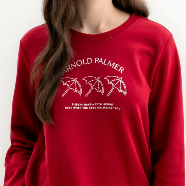 【Arnold Palmer 雨傘】女裝-刺繡標語長袖圓領大學T(紅色)