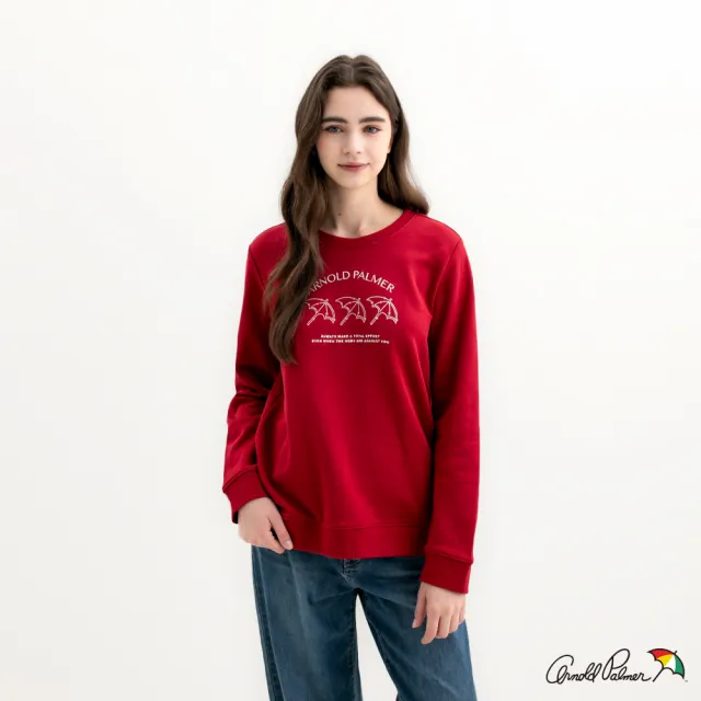 【Arnold Palmer 雨傘】女裝-刺繡標語長袖圓領大學T(紅色)