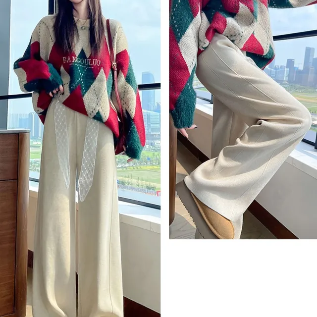 【AS 梨卡】女裝 長褲 針織 蕾絲腰帶針織闊腿褲 秋冬高腰顯瘦長褲 百搭休閒褲 ES190