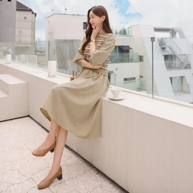 【baibeauty 白鳥麗子】連身裙．甜美花朵針織拼接泡泡長袖圓領洋裝