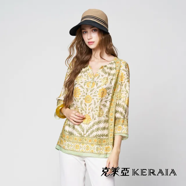 【KERAIA 克萊亞】魅力價-西西里莊園圖騰印花V領雪紡上衣