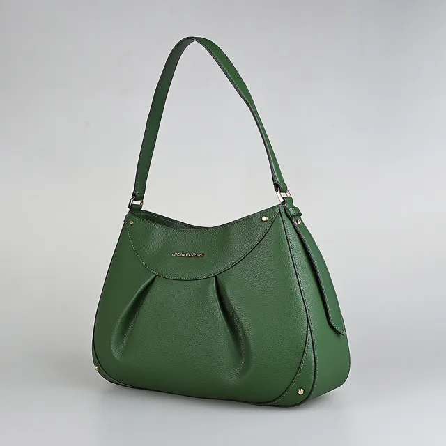 【Michael Kors】MICHAEL KORS Enzo電鍍金屬LOGO牛皮內摺造型拉鍊肩背包(中/亞馬遜綠)
