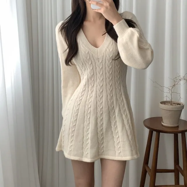 【AS 梨卡】女裝 連身裙 連身短裙 短洋裝 毛衣 中長版毛衣 氣質麻花毛衣 針織包臀連身裙DR668