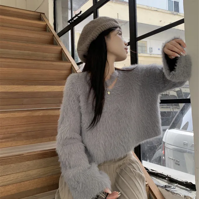 【AS 梨卡】女裝 毛衣 水貂絨 水貂毛 毛茸茸 保暖 針織 秋冬 短版 氣質 韓版針織衫 DR656