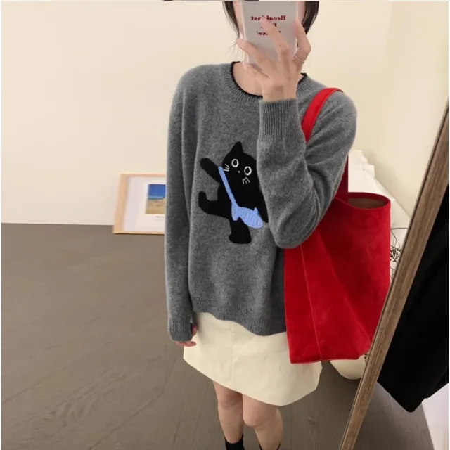 【AS 梨卡】女裝 毛衣 紅色 聖誕 過年 針織 秋冬 小貓毛衣 寬鬆圓領上衣 保暖針織衫DR655