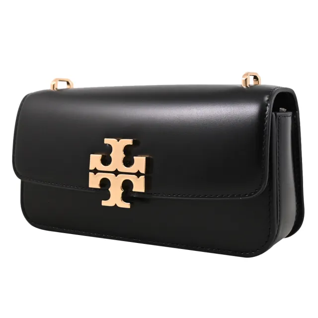 【TORY BURCH】Eleanor 金屬雙T LOGO滑面皮革翻蓋肩斜背包(黑)