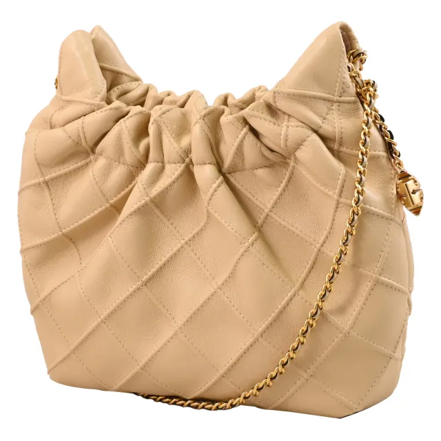 【TORY BURCH】Fleming Hobo 品牌雙T LOGO吊飾軟皮革鏈帶流浪包(杏)
