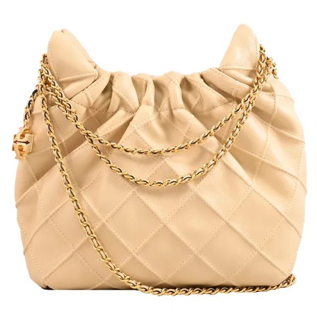 【TORY BURCH】Fleming Hobo 品牌雙T LOGO吊飾軟皮革鏈帶流浪包(杏)