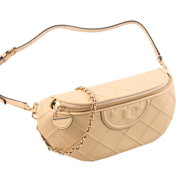【TORY BURCH】Fleming 經典雙T菱格紋雙背帶三用肩斜背包腰包(杏)