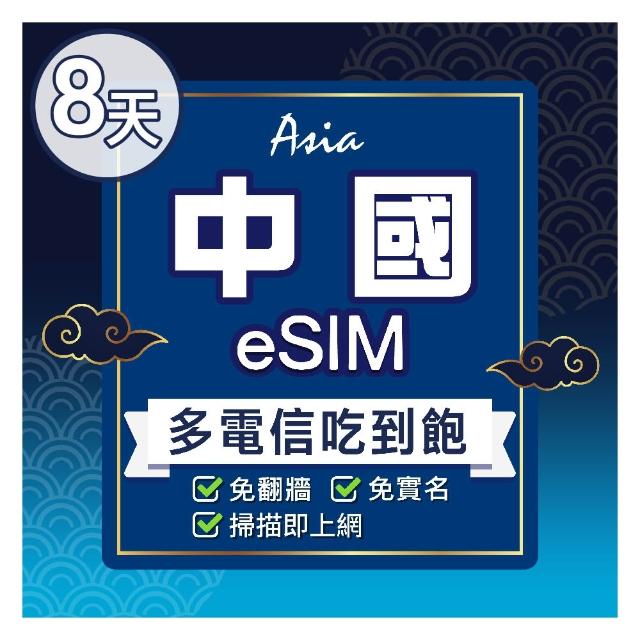 【環亞電訊】eSIM中國8天多電信吃到飽(24H自動發貨 中國網卡 大陸 中國移動 免翻牆 免換卡 eSIM)