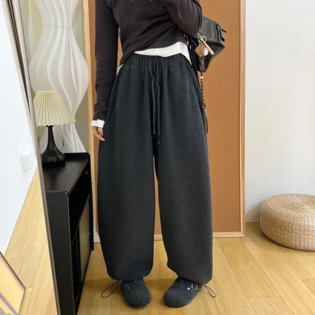 【AS 梨卡】女裝 長褲 針織 口袋 加絨加厚 燈芯絨彎刀褲 高腰闊腿 針織長褲 直筒褲 VG220
