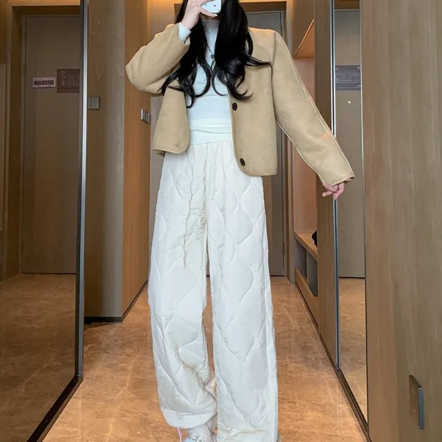 【AS 梨卡】女裝 長褲 棉褲 防風保暖 拼接 翻邊直筒褲 高腰長褲 休閒寬褲 百搭 VG217