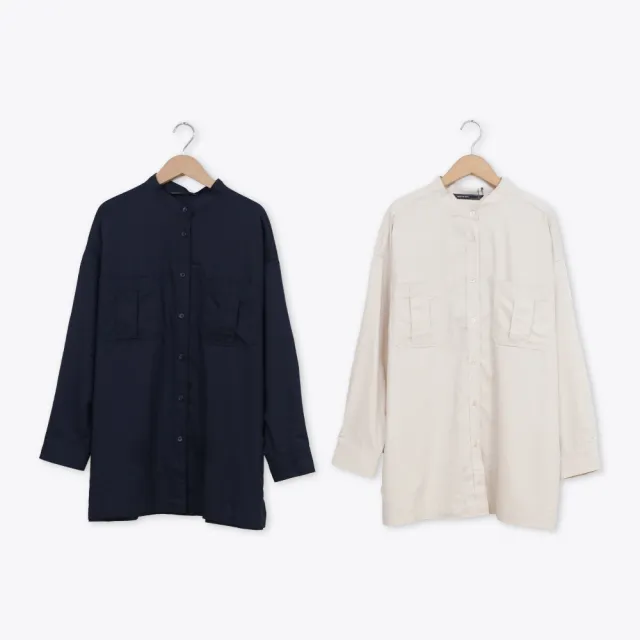 【MASTINA】中山領純色寬鬆舒適棉感襯衫 藍 杏(魅力商品)