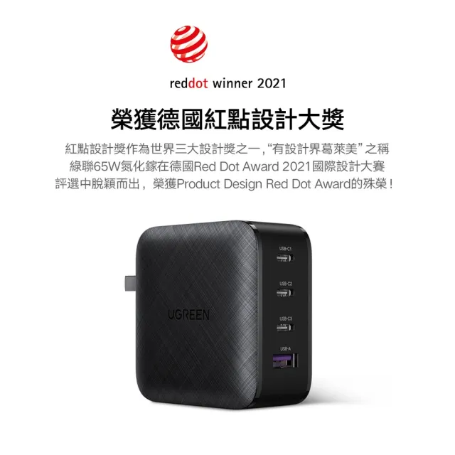【綠聯】65W 3C1A GaN氮化鎵快速充電器/快充頭(PD3.0/QC4/PPS/四口充電/美國PI  同APPLE晶片)