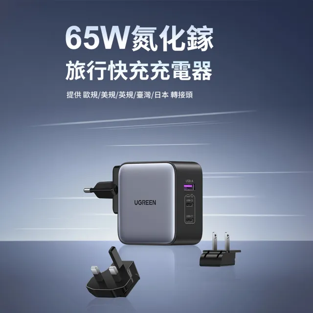 【綠聯】65W 2C1A GaN氮化鎵快充充電器/快充頭 多國轉接版(電源供應器/萬國轉接頭/南芯晶片)