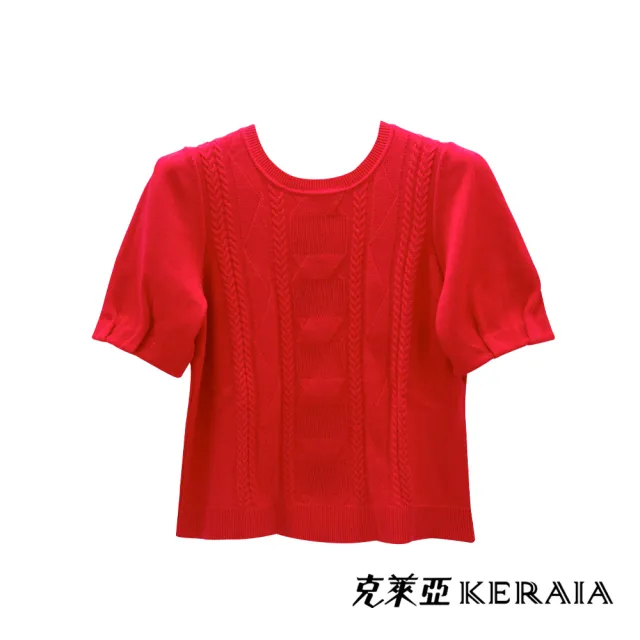 【KERAIA 克萊亞】熾烈紅光織紋褶短袖針織上衣