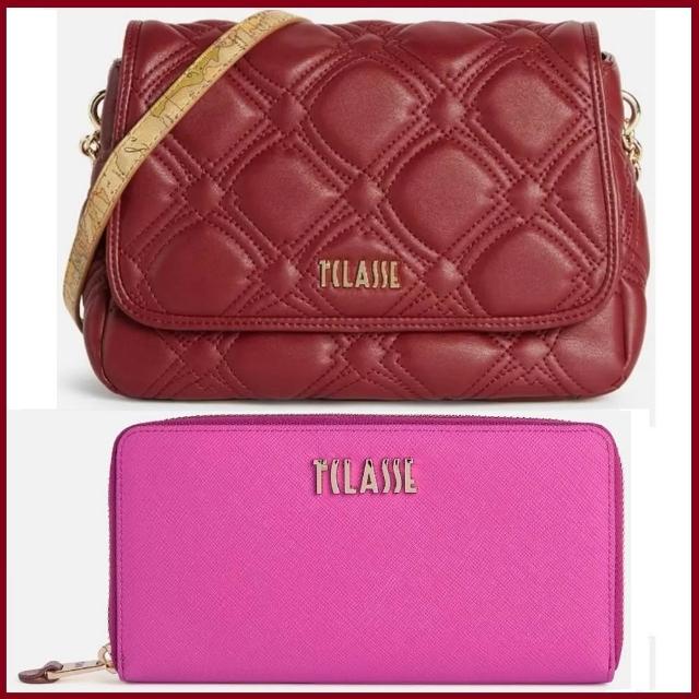 【Alviero Martini】義大利地圖包 迎春雙喜包 菱格鍊帶側背包+12卡防刮長夾-紅色 新春福袋