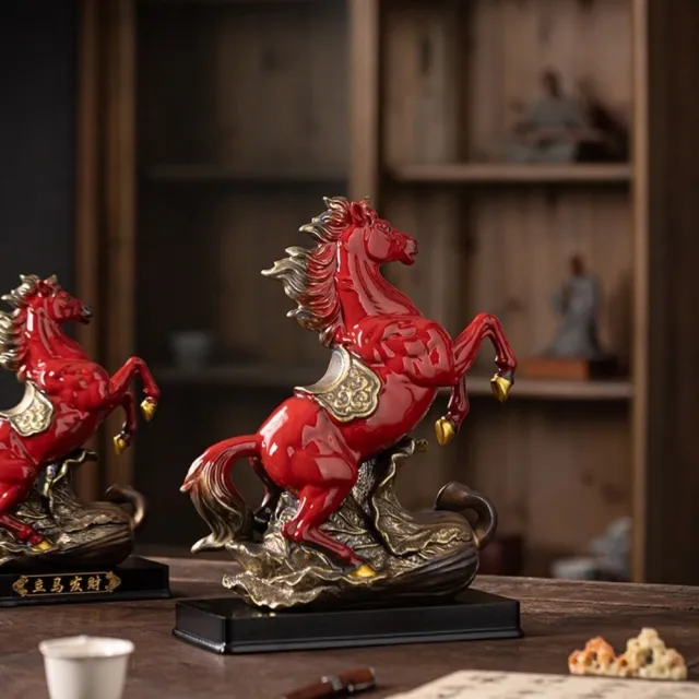 立馬發財紅釉描金陶瓷擺件（大號29x13x36cm 馬踏白菜如意寓意吉祥