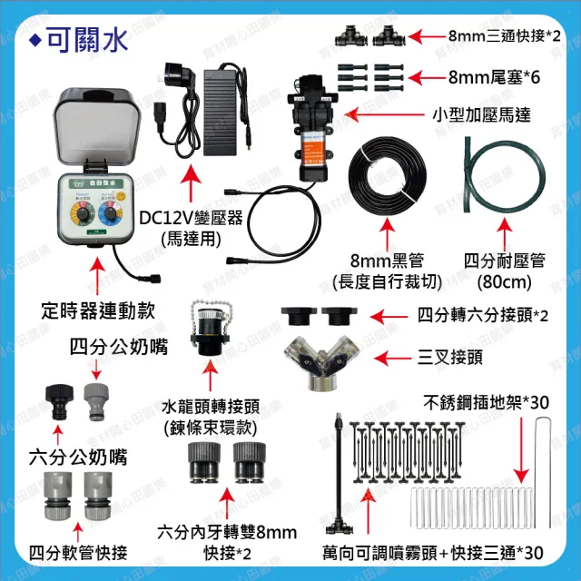 【田園樂】育材 120大流量加壓馬達自動噴霧套組8mm管(含球閥澆水定時器連動馬達型/電池)(噴頭30支)