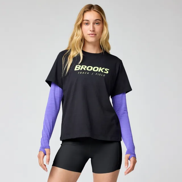 【BROOKS】女 Graphic 短袖上衣_經典黑/欣悅黃 (221761012)