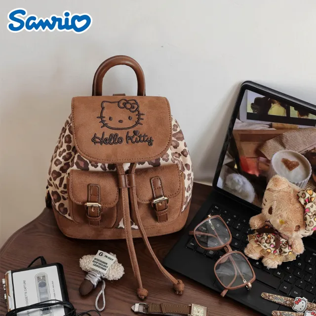 【SANRIO 三麗鷗】凱蒂貓麂皮豹紋便攜後背包雙肩包(Hello Kitty)