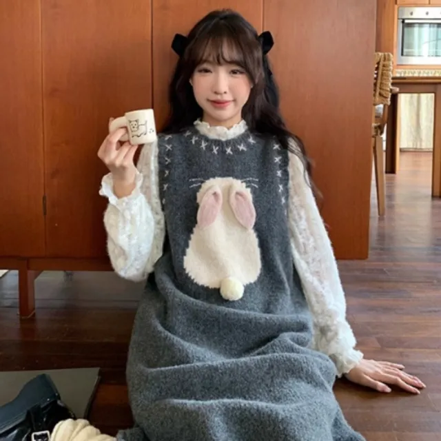 【AS 梨卡】女裝 長裙 連身裙 連身長裙 毛衣 上衣 背心連身裙 立體小兔子 保暖長裙 DR737