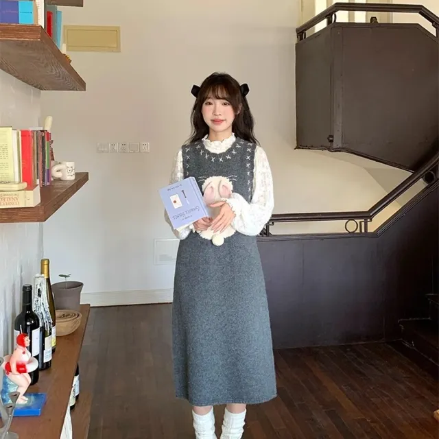【AS 梨卡】女裝 長裙 連身裙 連身長裙 毛衣 上衣 背心連身裙 立體小兔子 保暖長裙 DR737