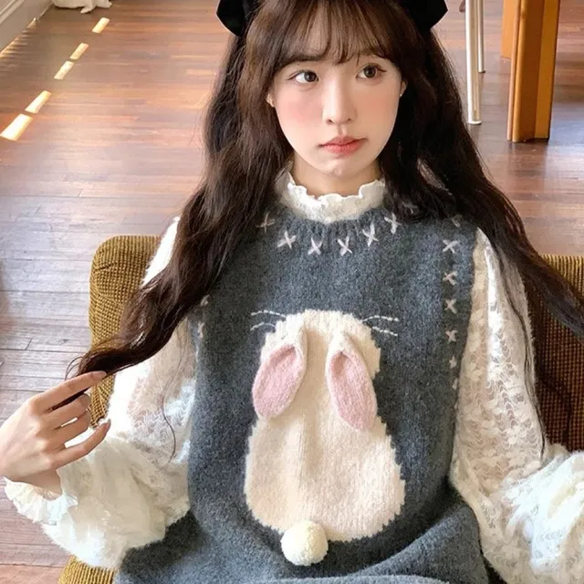 【AS 梨卡】女裝 長裙 連身裙 連身長裙 毛衣 上衣 背心連身裙 立體小兔子 保暖長裙 DR737