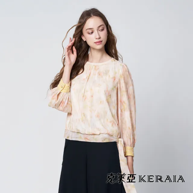 【KERAIA 克萊亞】秋詩花語雪紡印花綁結上衣