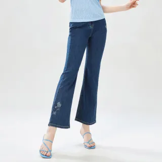 【MYVEGA 麥雪爾】高含棉花朵刺繡鬆緊腰牛仔褲-藍