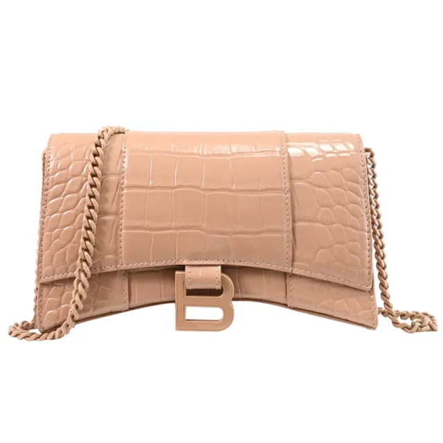 【Balenciaga 巴黎世家】WOC 經典B字LOGO鱷魚紋牛皮晚宴包鍊包斜背包(裸粉)