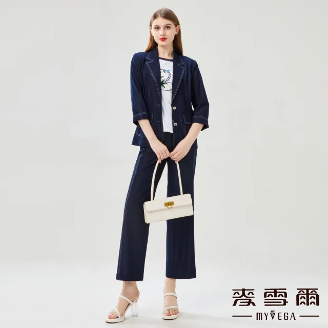 【MYVEGA 麥雪爾】涼感白車線牛仔風彈性西裝套裝外套-藍(上下身分開販售)