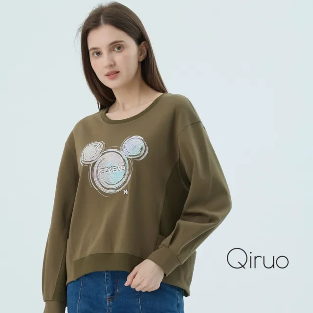 【Qiruo 奇若名品】棉質 圓領米老鼠淺綠短版長袖上衣2511A