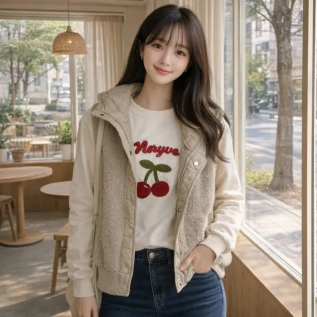 【baibeauty 白鳥麗子】簡約素面羊羔毛排釦拼接連帽背心