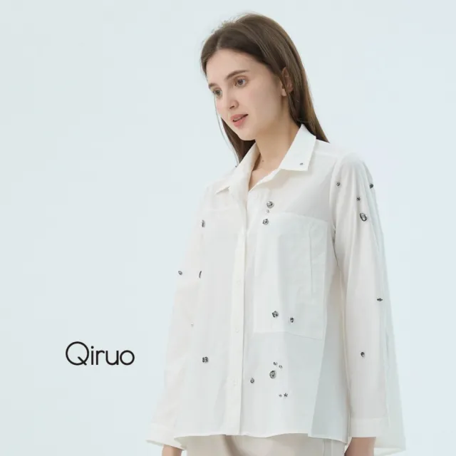 【Qiruo 奇若名品】棉質 開襯衫領 排釦亮鑽長袖寬版白襯衫7223A