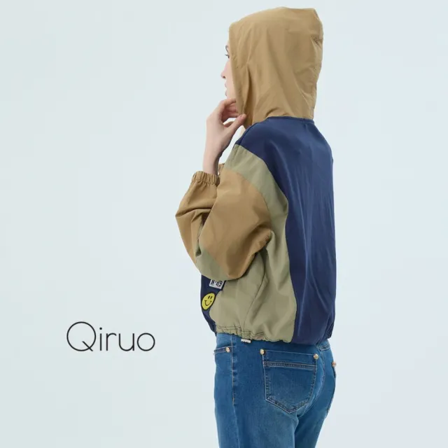 【Qiruo 奇若名品】三色布料 下擺束口刺繡長袖連帽上衣 2512A