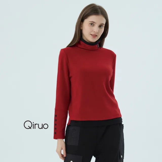 【Qiruo 奇若名品】棉絨質 立領 袖口排釦紅色長袖上衣7231A-10