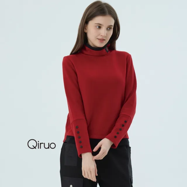 【Qiruo 奇若名品】棉絨質 立領 袖口排釦紅色長袖上衣7231A-10
