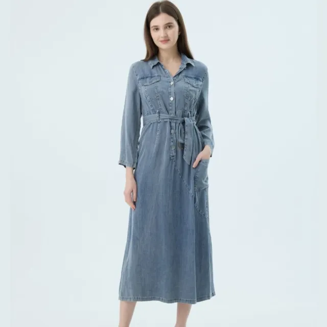 【Qiruo 奇若名品】輕軟牛仔布料 長袖腰間鬆緊休閒洋裝2524F