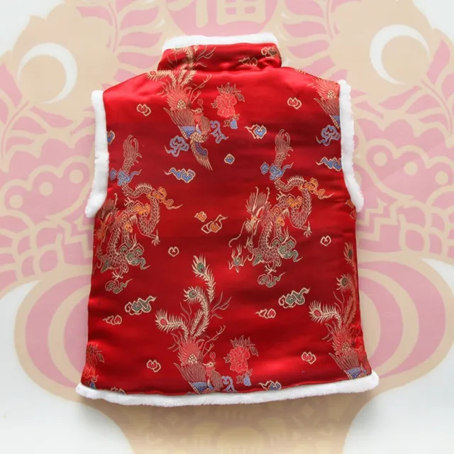【橘魔法】新年毛毛領刺繡龍鳳背心 大童 男童 女童 兒童 童裝 過年 大紅 中國風 唐裝 旗袍 背心 中式