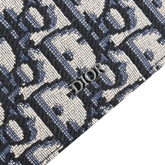 【Dior 迪奧】Oblique 品牌LOGO緹花布信用卡證件名片零錢包(深藍)
