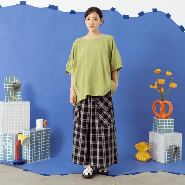 【MOSS CLUB】腰鬆緊帶全棉格子寬口褲 黑 綠